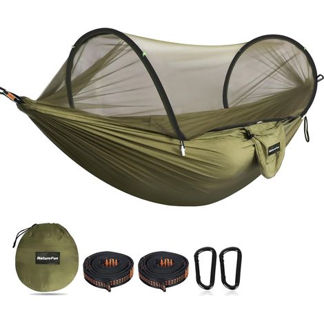 Hamac de camping ultra-léger Hamac en filet anti-moustiques Capacité de charge de 300 kg, nylon de parachute respirant à séchage rapide 2 mousquetons haut de gamme, 2 x élingues en nylon (1/4)