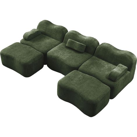 Divano modulare a U 3 posti con 2 pouf, velluto verde, schiuma 32D, 288 x 167 x 70 cm (1/5)