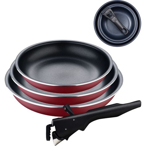 BERGNER Click&Cook Red Edition Set di padelle da 4 pezzi da 18, 20 e 24 cm + manico ergonomico rimovibile alluminio pressato e antiaderente per tutti i tipi di cucine e forno (1/5)