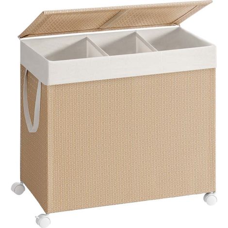 Cesto para ropa 2 compartimentos 140 litros cesto clasificador con ruedas tapa bolsa con asas imitación mimbre para lavadero baño beige 120006081