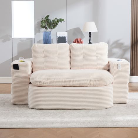 Canapé lounge convertible 2 places en velours côtelé 165x97x61cm  avec accoudoirs amovibles,2 porte-gobelets,assise profonde,Beige (1/5)