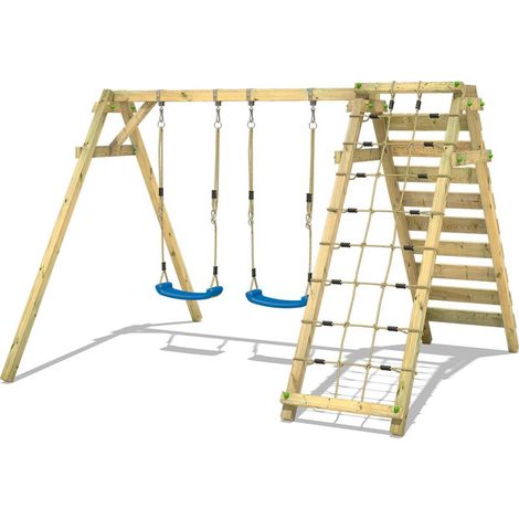 Balançoire double avec mur d'escalade – 2 sièges réglables en hauteur – Bois massif imprégné – Construction compacte pour petits jardins (1/5)
