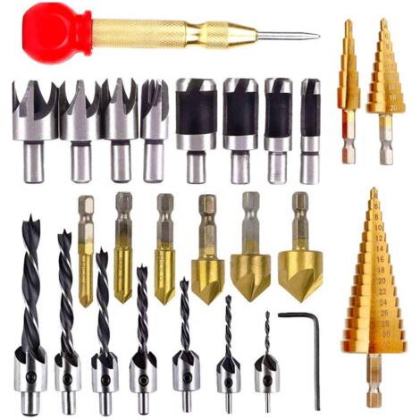SABIR Ensemble de 26 outils de perçage et de chanfreinage pour le travail du bois , comprenant des forets à fraiser, un coupe-bouchons pour le bois, un foret étagé, un pointeau et une clé en L (1/5)