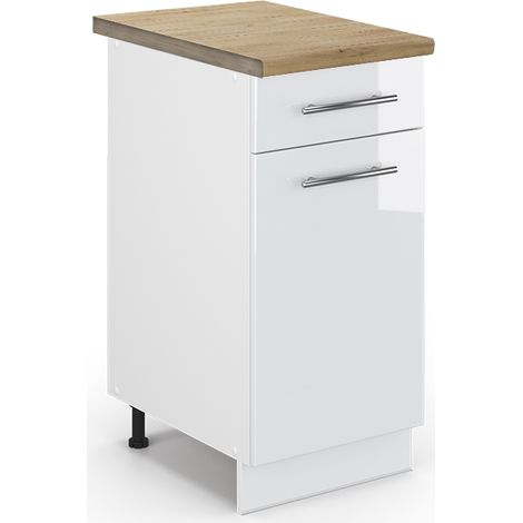 Küchenunterschrank Fame-Line, Weiß Hochglanz, 40 cm , AP Eiche, Vicco