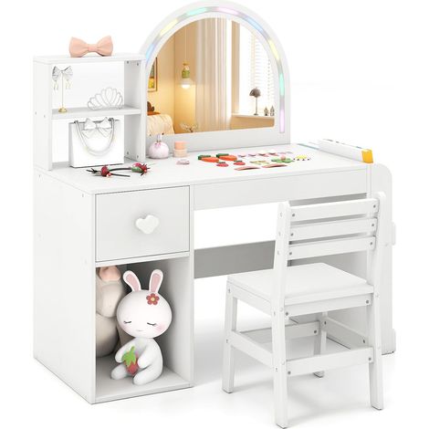 Coiffeuse Enfant avec Chaise et Miroir Lumineux, Bureau Enfant Bibliothèque Ouverte & Tiroir & Compartiment & , Charge 50/75kg 3 (Tout Blanc)