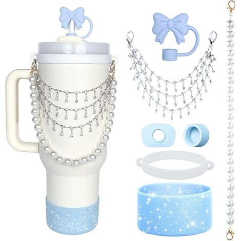 Ensemble d'accessoires pour gobelet, chaîne de perles, cordelette, chapeau de paille à motif bégonia, manchon en silicone et pendentif pompon, chaîne en diamant bleu (7 pièces). (1/5)
