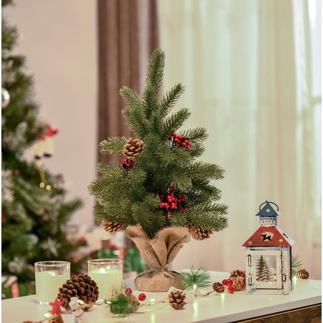 Albero di Natale artificiale 50 cm verde con 55 rami, bacche rosse e base in cemento (1/5)