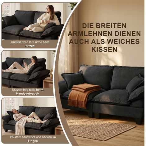 Canapé en chenille à voilier,petit canapé modulaire 3 places avec accoudoirs courbés,canapé orienté confort pour petites pièces et appartements,noir