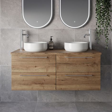 Napoli 460 Tobacco Oak 1200mm Wall Mounted 4 Drawer Vanity Unit for Countertop Basins - 1200mm - Chrome 320mm Handle