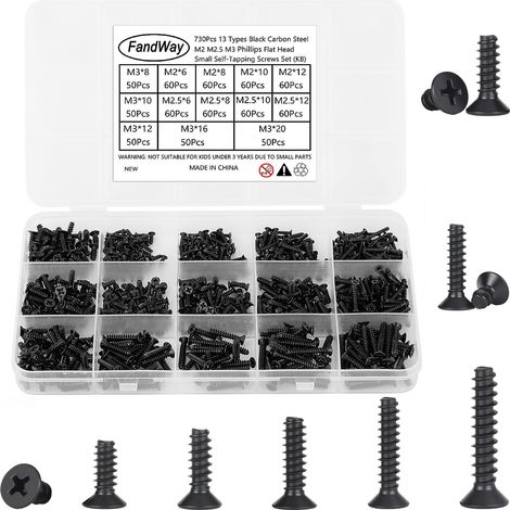 730 Pièces Vis a Autotaraudeuses Tête Fraisée Cruciformes,M2 M2,5 M3 Petites Vis à Bois Tête Plate en Acier Noir,Mini Tôle Autoperceuses EntièRement Fileté.Pour Meubles Métal Doux Plastique. (1/5)