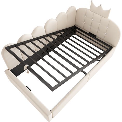 Lit de jour capitonné 90x190 cm, canapé-lit de jour avec rangement hydraulique, lit d’appoint en L, velours beige avec design de grille en couronne, sans matelas