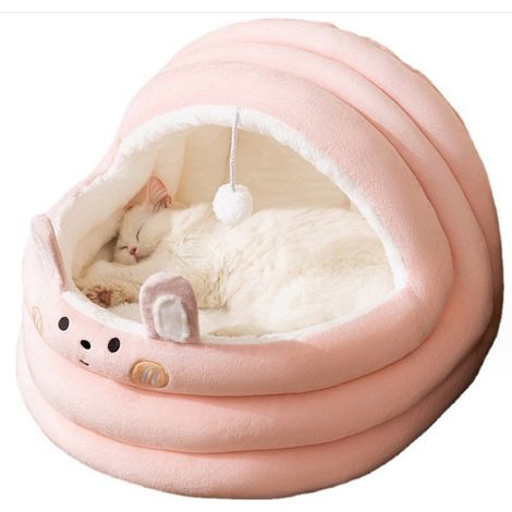 Katzenhöhlenbett (L, Rosa), Katzenbett mit herausnehmbarem, waschbarem Innenkissen, halbgeschlossenes Katzenbett (1/5)