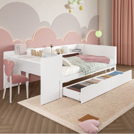 lit adulte bureau rangement 90x200 etagere bois blanc OKMYHOME (1/5)