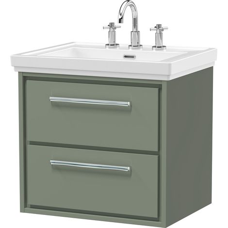 Balterley Longnor Modern Bathroom Wall Hung 2-Drawer Vanity Unit with Fireclay Basin, Fern Green, 600mm