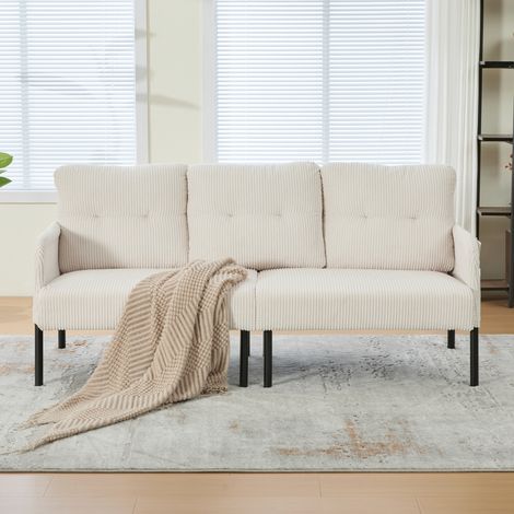 Sofá de 3 plazas 171x72x80 cm beige, bolsillo lateral, tejido acanalado y patas de metal MEUBLIV (1/5)