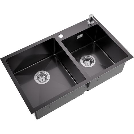 Lavello da Cucina Grigio scuro 75x45 cm Lavello Incasso 2 vasca in Acciaio Inox Lavandino Cucina con dispenser per sapone 300 ml, Troppopieno e Sifone (1/5)