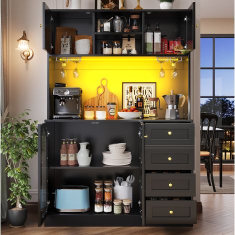 Buffet de cuisine 120x40x188 cm noir en MDF avec LED, grands rangements et portes en verre cannelé (1/5)