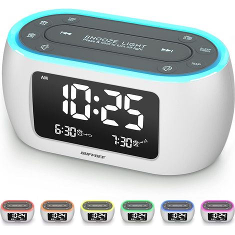 Radio Réveil avec veilleuse 7 Couleurs, Double Alarme, répétition, variateur, Chargeur USB et minuterie de Sieste, réveil numérique avec Radio FM et minuterie d'arrêt Automatique - Blanc (1/5)