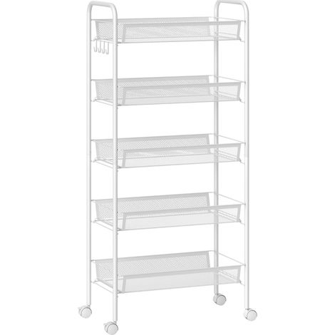 Carrello da cucina bianco in acciaio a 5 cestelli con 4 ganci e 4 ruote, 45 x 26,5 x 106 cm (1/5)