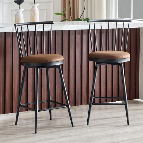 Barhocker aus Metall im Windsor-Stil mit gepolstertem braunem Sitz, 2er-Set HAVRYA (1/5)