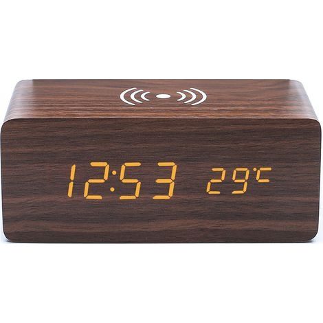 1pc Réveil en Bois brun avec Chargeur sans Fil Qi Compatible avec iPhone Samsung Horloge Numérique LED en Bois Fonction de Contrôle du Son, Affichage de l'Heure, de la Date et de la Température (1/4)