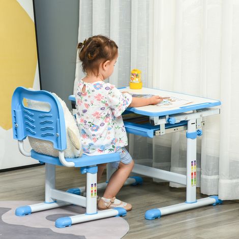 Bleu 66x47x77 cm - Ensemble de bureau et chaise pour enfants 2 en 1 pour enfants +6 ans avec table à angle réglable en hauteur et plateau (1/4)