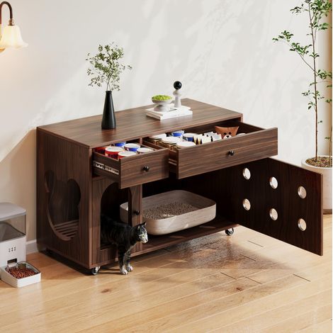 Mobile contenitore per lettiera per gatti con cassetti, 100 x 45 x 66 cm, noce, DESVIAE (1/5)