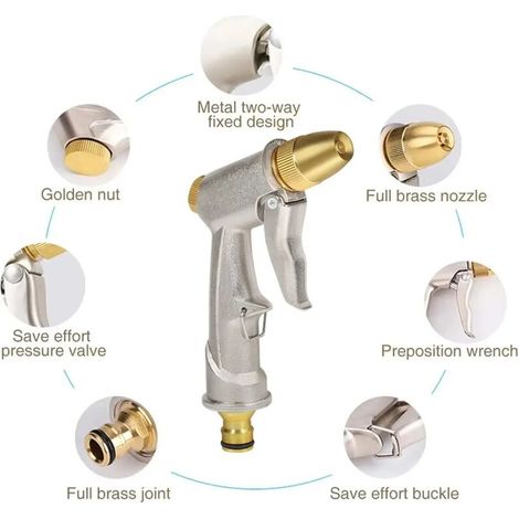 Pistolet d'arrosage haute pression en métal pour jardin, arroseur portable réglable, nettoyeur haute pression pour cour. (1/4)