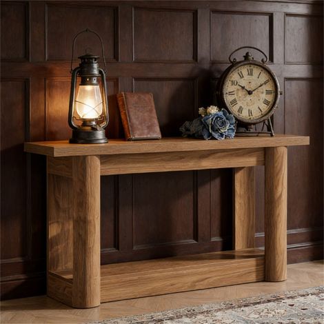 Console de 160 cm à deux niveaux, style campagnard, idéale pour une entrée ou un salon. Meuble console en bois, style rustique, parfait pour un coin salon ou un séjour. (1/5)