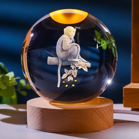 Boule de cristal colorée avec support lumineux LED, décoration en verre gravée au laser