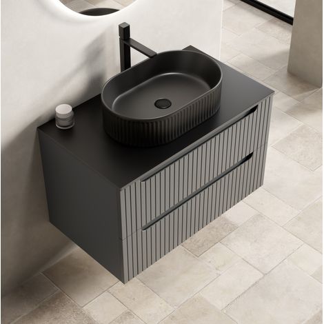 Mobile bagno sospeso 80 cm nero con lavabo ovale, piano in pietra e 2 cassetti (1/5)