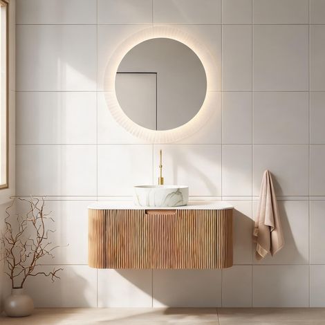 Meuble sous vasque suspendu bois naturel et céramique blanche 91 (1/5)