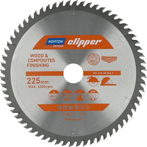 Scie circulaire Norton 225mm x 30mm x 64T (2,6 / 1,6) , coupe transversale, pour le bois et les composites, géométrie ATB, dents en carbure, haute durabilité, 9500 rpm