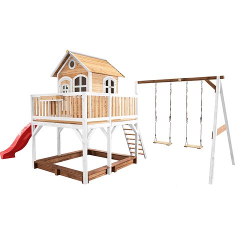Axi Liam Maison Enfant Avec Bac À Sable, 2 Balançoires & Toboggan Rouge Aire De Jeux Pour L'Extérieur En Marron & Blanc Maisonnette / Cabane De Jeu En Bois Fsc