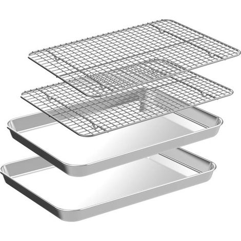 Teglia da forno piatta in acciaio inox - 40,5 x 30,5 x 2,5 cm - Taglia XL - Set da 4 pezzi - Teglia quadrata - Griglia di raffreddamento - Teglia multifunzionale - Teglia da forno - Include griglia e  (1/5)
