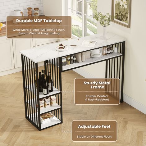 Bar avec rangement, 140×40×105 cm, comptoir debout avec plateau MDF imitation marbre, 3 étagères et piètement en métal noir, table de bar pour cuisine, salle à manger et coin petit-déjeuner. (1/5)