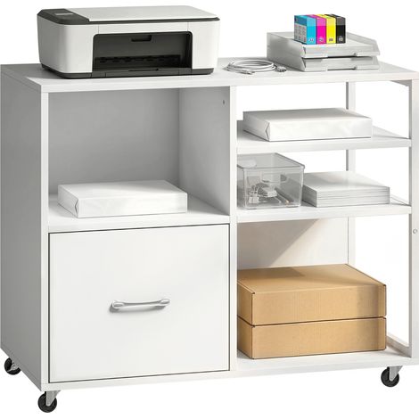 HOMCOM mueble para impresora con ruedas, mesa para impresora con estantes abiertos y cajón para documentos tamaño A4 y carta, para oficina, blanco