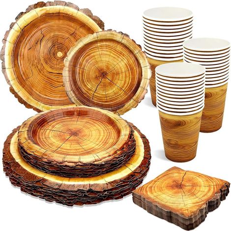 100 pièces Ensemble de vaisselle en bois à motifs de camping - Assiettes, serviettes, verres en bois rustique - Décoration de fête - Idéal pour servir 25 invités - Décoration de fête de camping