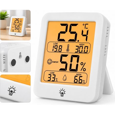 Thermo-hygromètre électronique tactile rétroéclairé en ABS, mesure précise température et humidité, fixation aimant ou pose libre, écran tactile, pour chambre, cuisine, bureau et serre (7,3 x 6,1 x 1, (1/4)
