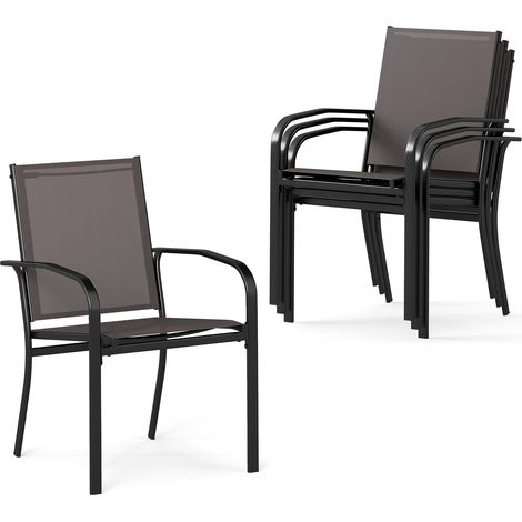 COSTWAY Set di 2/4 Sedie da Pranzo per Esterni, Sedia da Giardino Impilabili con Tessuto Traspirante, Braccioli, Schienale Alto e Telaio in Metallo, Portata 150 kg (Grigio,4) (1/5)