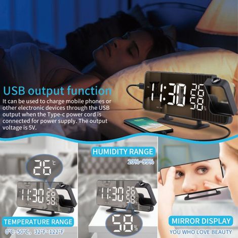Horloge à projection avec température et fonction radio FM miroir/noir (1/5)