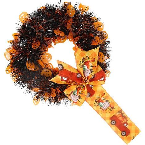 Hängender Halloween-Kranz für Zuhause, verziert mit bunten Kürbissen. (1/5)