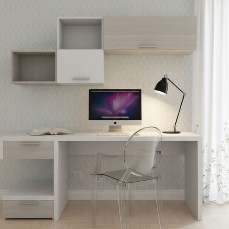 Angolo studio moderno con cassettiera sfalsata per cameretta - Bianco e rovere rock