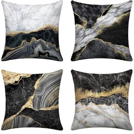 Fundas de cojín decorativas con efecto mármol negro y dorado, juego de 4, 45 x 45 cm, colores dorado y gris, para sofá, dormitorio, salón y decoración de interiores. (1/3)