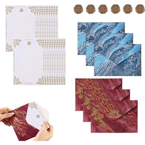 Ensemble de papeterie et d'enveloppes vintage (22 pièces) : 6 enveloppes, 10 feuilles de papier à lettres et 6 cachets de cire. Idéal pour les invitations et les lettres manuscrites. Bleu et rouge. (1/5)