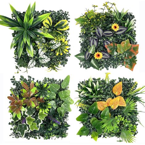 4 Panneaux Murs de Plantes Artificielles,Panneau Végétal Synthétique 25 25cm Décoration Murale en Gazon Synthétique, Mur Végétal Artificiel, pour Décoration Intérieure Extérieure (1/5)