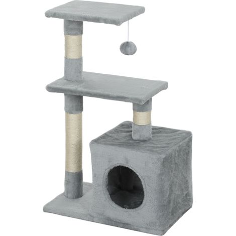Arbre à chat/tour de jeu pour chats, poteaux en sisal, 2 plateformes, grotte pour chat, balle, tissu peluche, 50 x 30 x 81,5 cm, gris