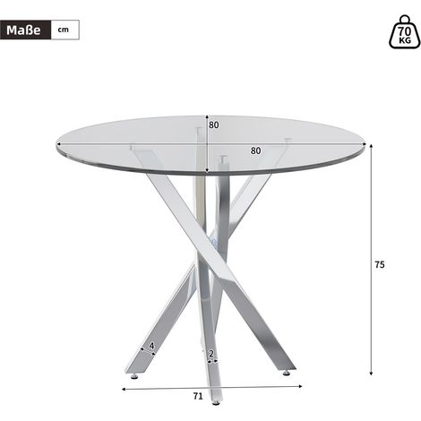 Table de salle à manger ronde, 80 x 80 x 75 cm, plateau en verre trempé, table moderne, pieds galvanisés, table basse/de détente, table de salle à manger moderne et épurée, argentée (1/4)