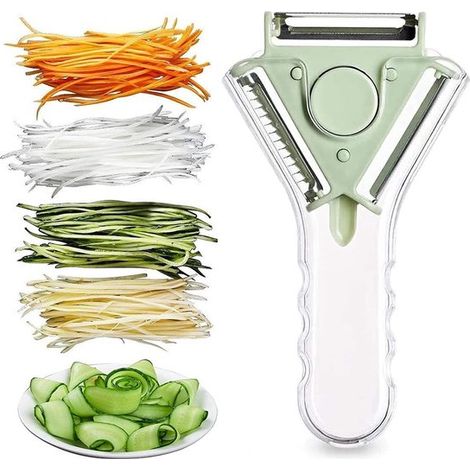 Pelador de 2 piezas, Rallador, Con 3 cuchillas afiladas giratorias y desmontables, Pelador multifuncional de verduras y frutas, manzanas, Verde (1/5)