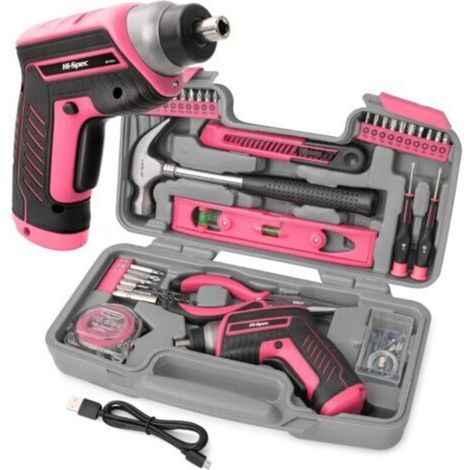Tournevis Electrique 4V Rose - Perceuse Visseuse Sans Fil Multifonction avec Kit Complet d'Outils et Accessoires - Mallette de Rangement avec Marteau, Pince, Foret, Tournevis et Embouts